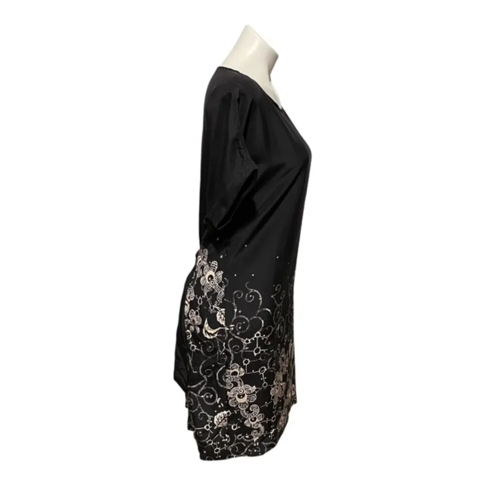 Garnet Hill Oversized Size 4 Black Floral Capped Sleeve Back Tie Silk Dress - Picture 3 of 7